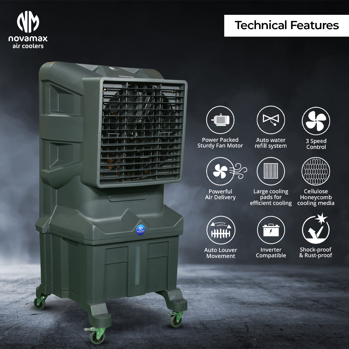 Novamax Proto 75 L Desert Air Cooler For Office/Home With Large Honeycomb Cooling Pads, Auto Swing Technology, 4-Way Air Deflection, Powerful Air Throw With Dust Filter & Mosquito Net